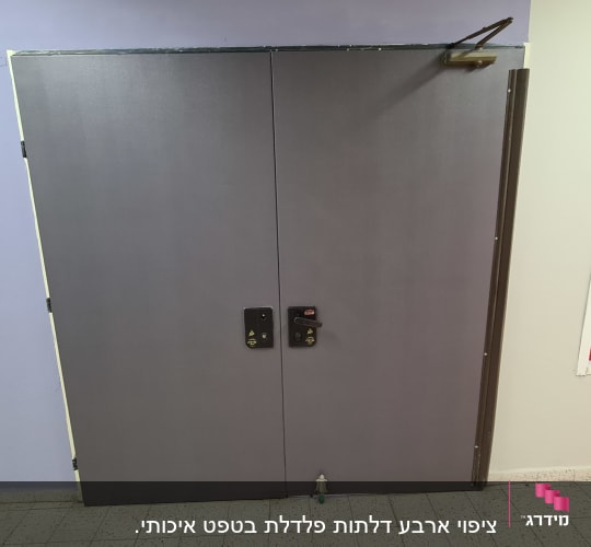 דלת כפולה אפורה עם ידיות שחורות